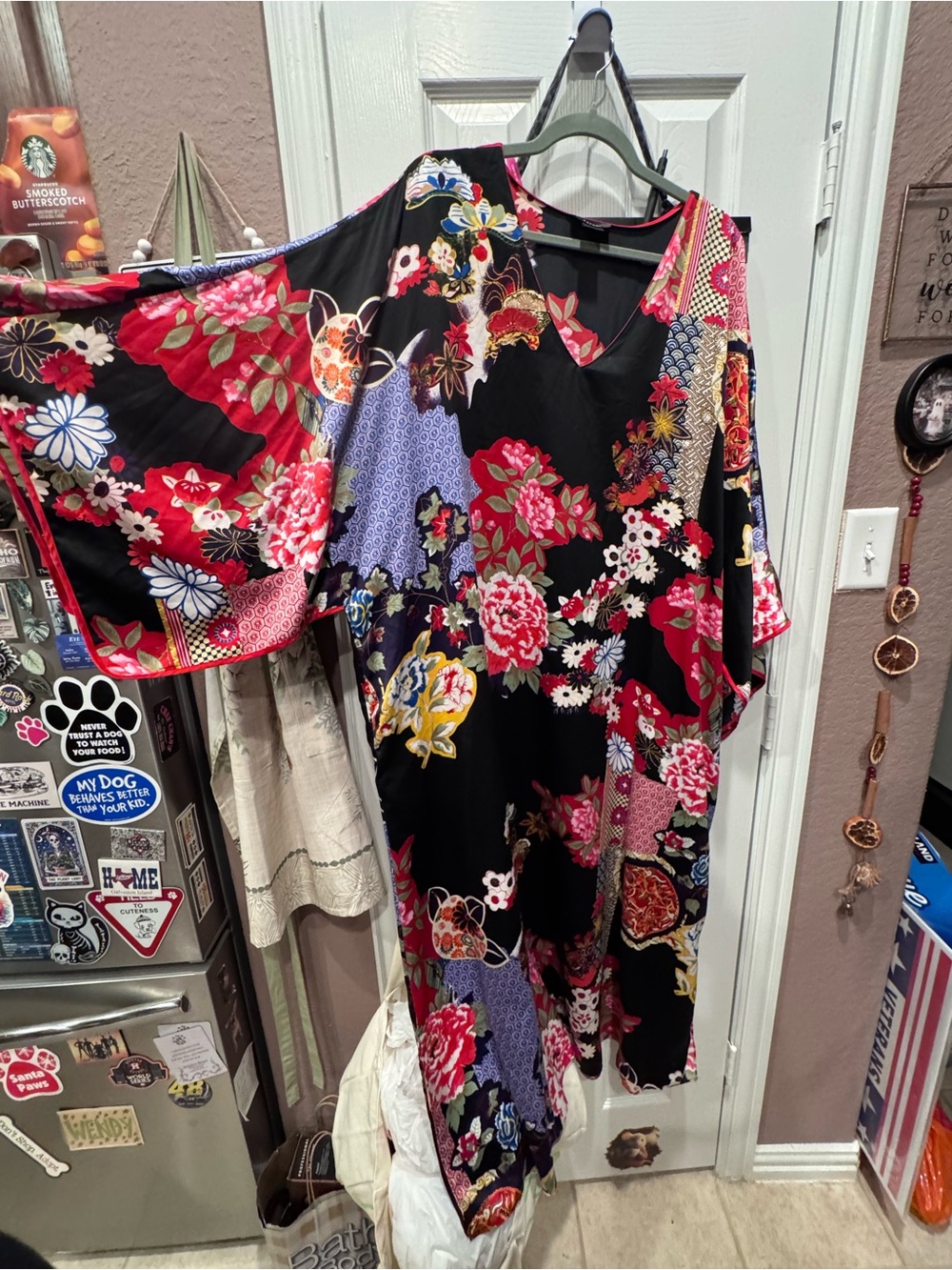 Natori Black Kimono Tunic with Red & Multicolor Floral Patchwork